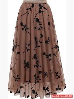 Midi Tulle Skirt High Waist Pleated Flowy A-Line Summer Dressy